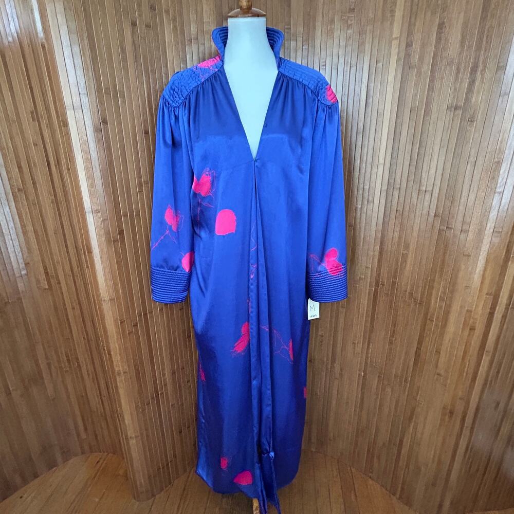 Vintage 80s Flora Kung Blue Pink Rose Print Long Lounge Robe Duster Size M